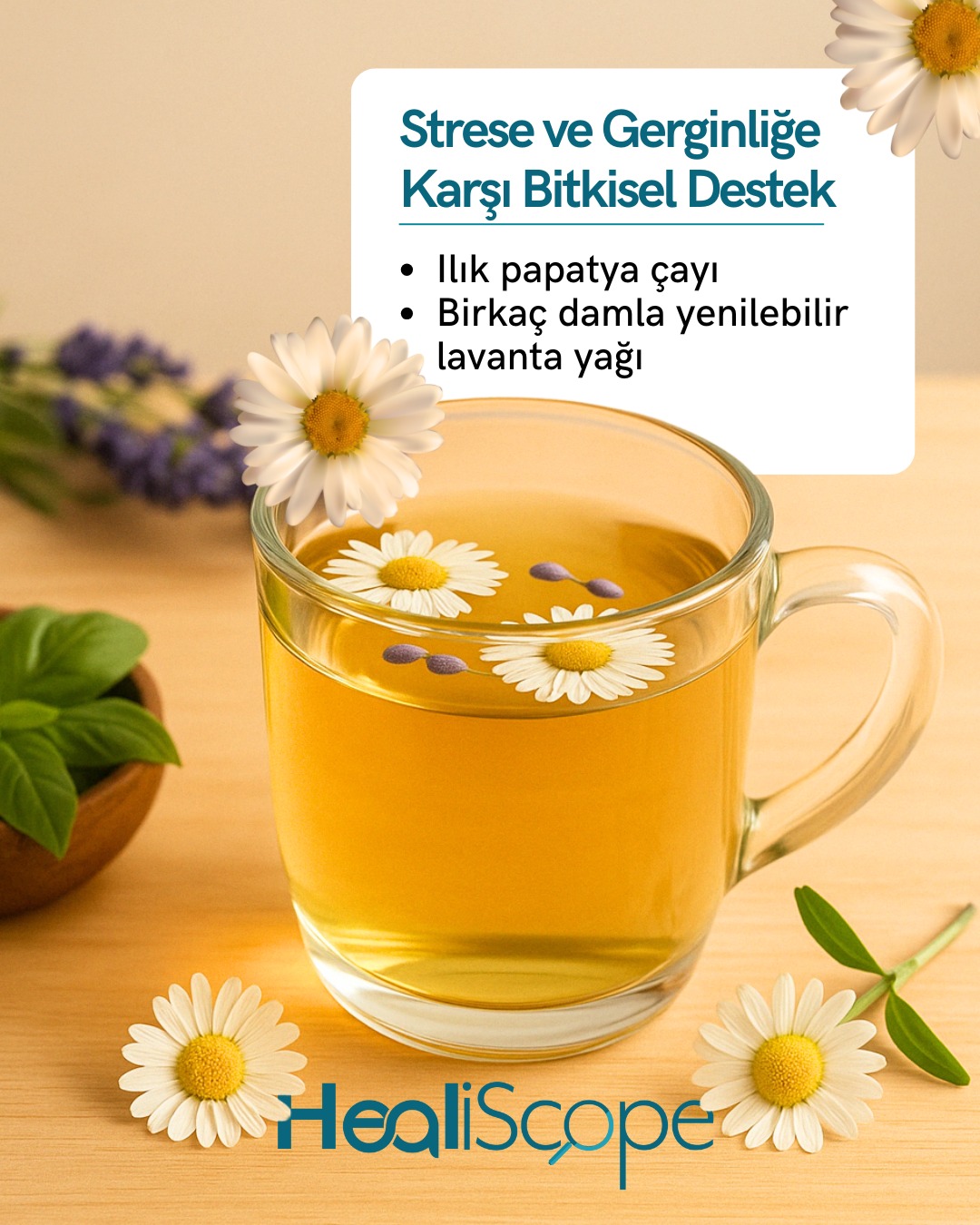 🌼 Stres ve Gerginliğe Karşı Bitkisel Destek

Bir fincan ılık papatya çayına birkaç damla yenilebilir lavanta yağı damlatın.

Papatya sakinleştirici etkisiyle stresinizi hafifletirken, lavanta yağı gerginliği azaltır ve zihninizi sakinleştirir.

🥛 Uyku Öncesi Rahatlatıcı Gece İçeceği

Bir bardak ılık badem sütüne yarım çay kaşığı tarçın ve bir tatlı kaşığı bal ekleyin, iyice karıştırın.

Badem sütü uykuyu destekleyen magnezyum içerir; tarçın rahatlamaya yardımcı olur, bal ise doğal tatlandırıcı etkisiyle uykuya geçişi kolaylaştırır.

Bu tariflerle bedeninizi ve zihninizi rahatlatıp, deliksiz bir uykunun tadını çıkarın.

#UykuKalitesi #stressizyaşam #healiscopetr